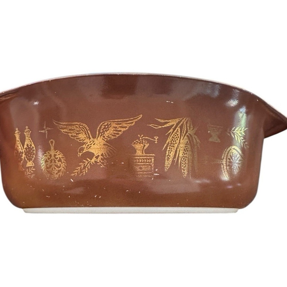 Pyrex Early American Casserole Dish Brown Gold Eagle Milk Glass Vintage Good